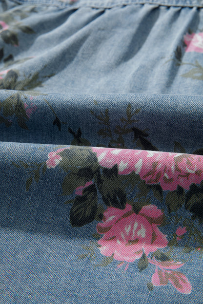 Blue Bracelet Sleeve Floral Denim Shirt