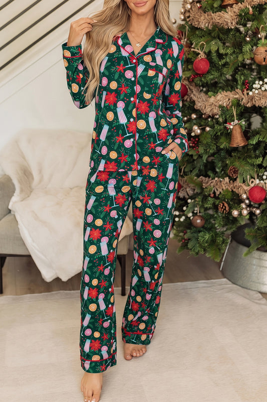 Green Holiday Print Pocket Detail Long Sleeve Collar Lounge Set