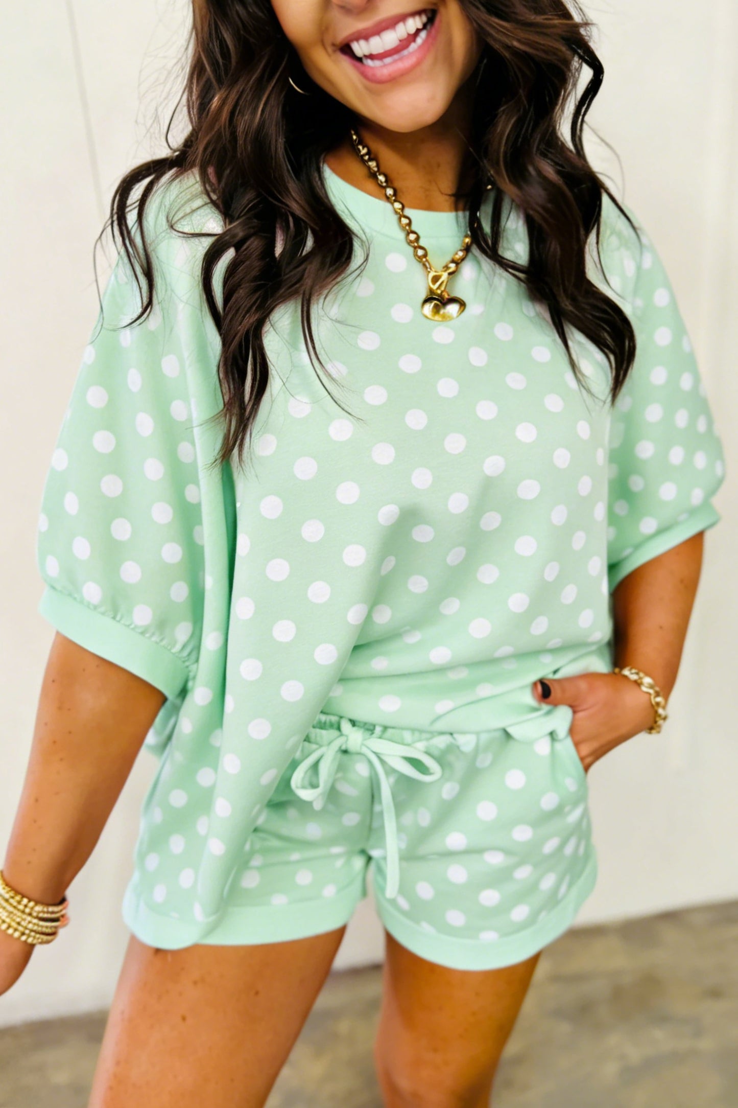 Green Polka Dot Oversized Top Drawstring Short Set