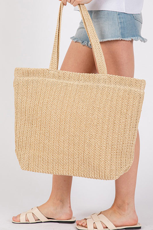 Parchment Solid Color Straw Woven Summer Beach Tote Bag