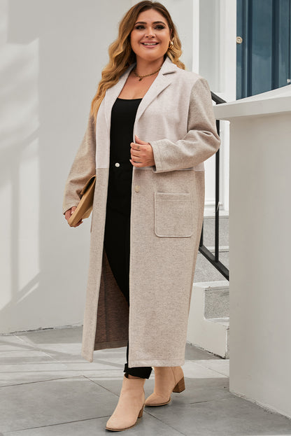Manteau long kaki grande taille à col à revers et blocs de couleurs 