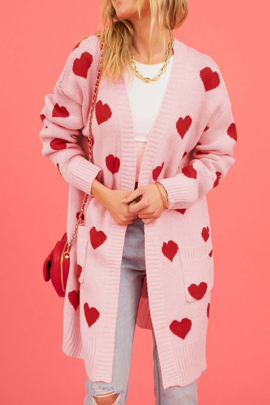 Light Pink Valentine\'s Day Heart Pattern Ribbed Trim Open Front Cardigan