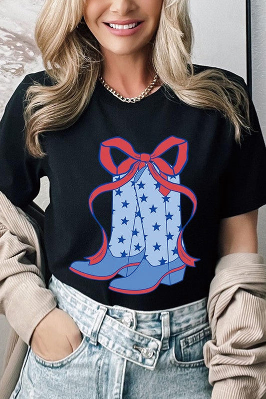 Black Western Star Boots Bow Knot Print Crew Neck T Shirt