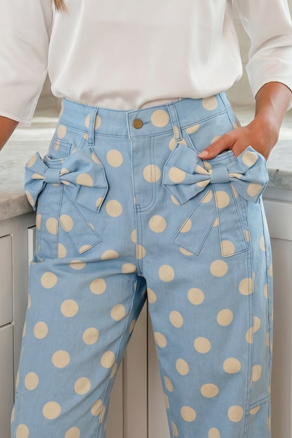 Sky Blue Polka Dot Print Bow Detail Pocketed Barrel Jeans