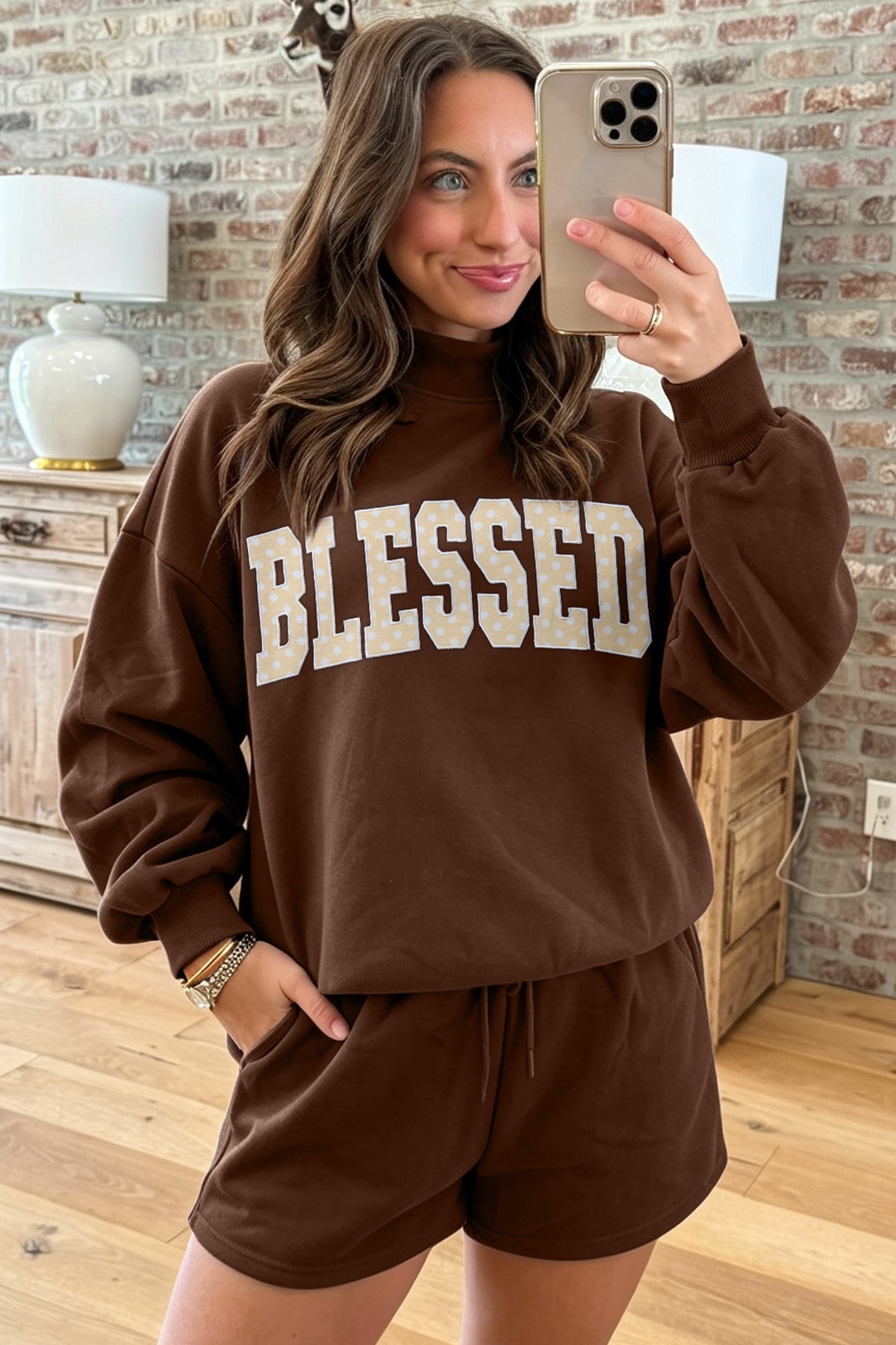 Coffee Christmas Slogan Print Mock Neck Pullover and Shorts Set