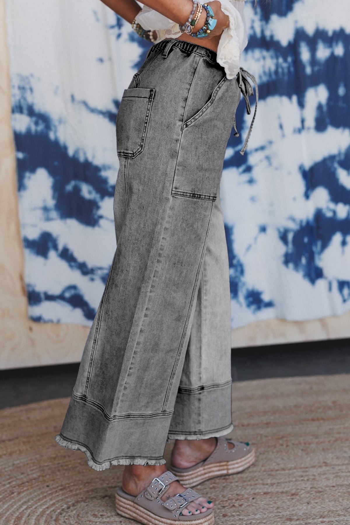 Gray Drawstring Seam Detail Raw Hem Wide Leg Denim Pants