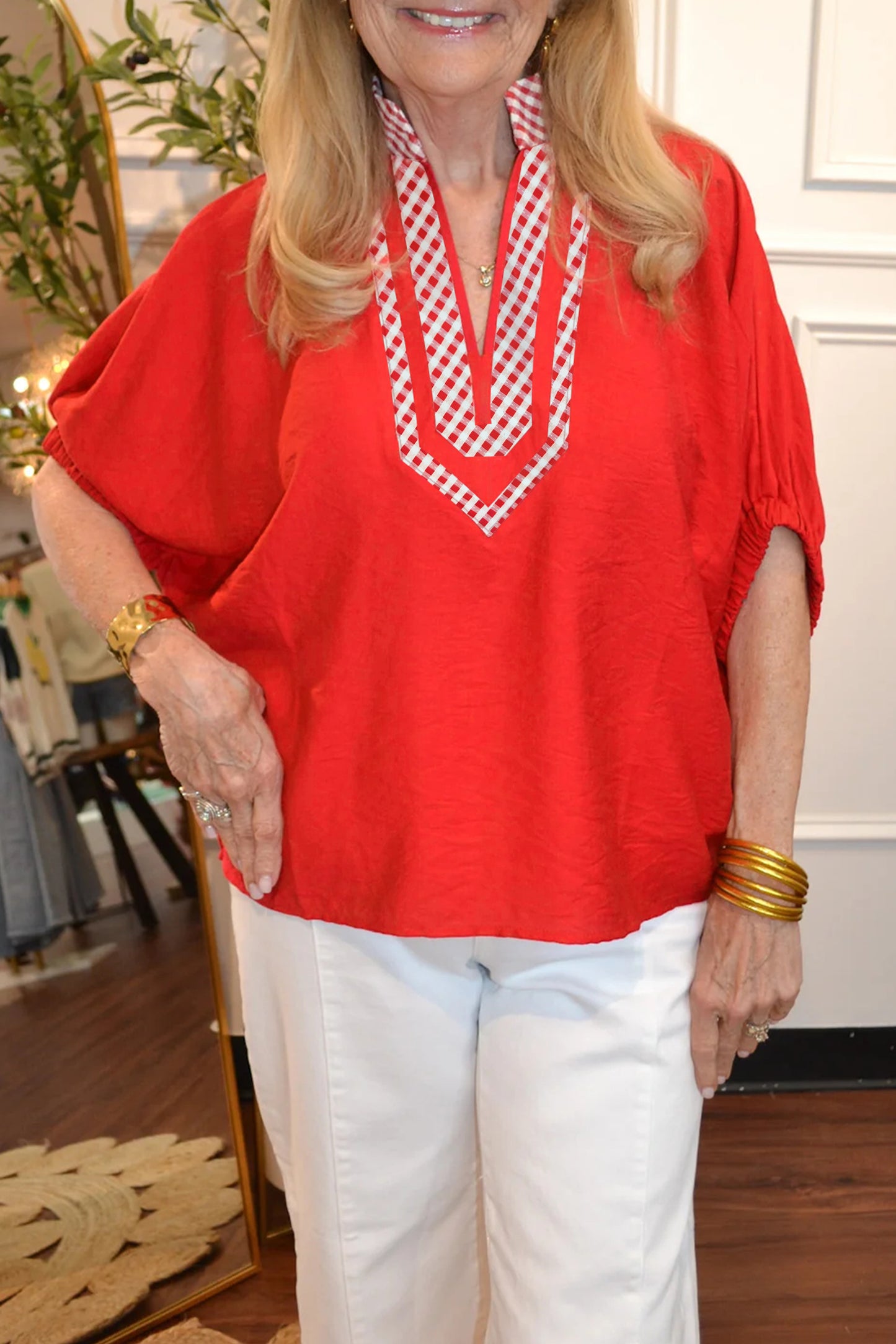 Red V Neck Plaid Collar Short Sleeve Tunic Blouse