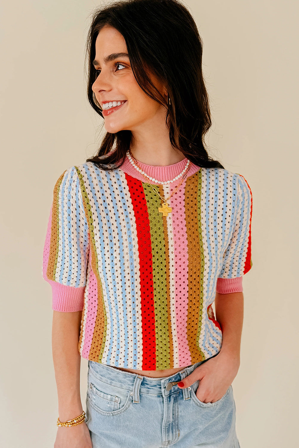Multicolour Striped Pointelle Knit Short Sleeve Sweater