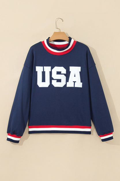 Dirty blue USA Slogan Patch Embroidery Colorblock High Neck Long Sleeve Sweatshirt
