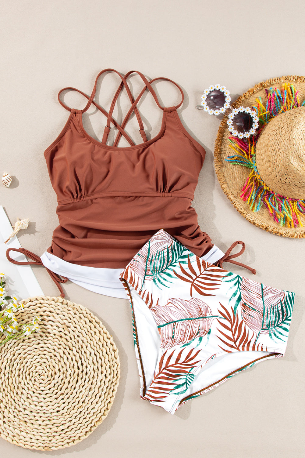 Maillot de bain tankini 2 pièces rouge minéral avec cordon de serrage et effet gainant