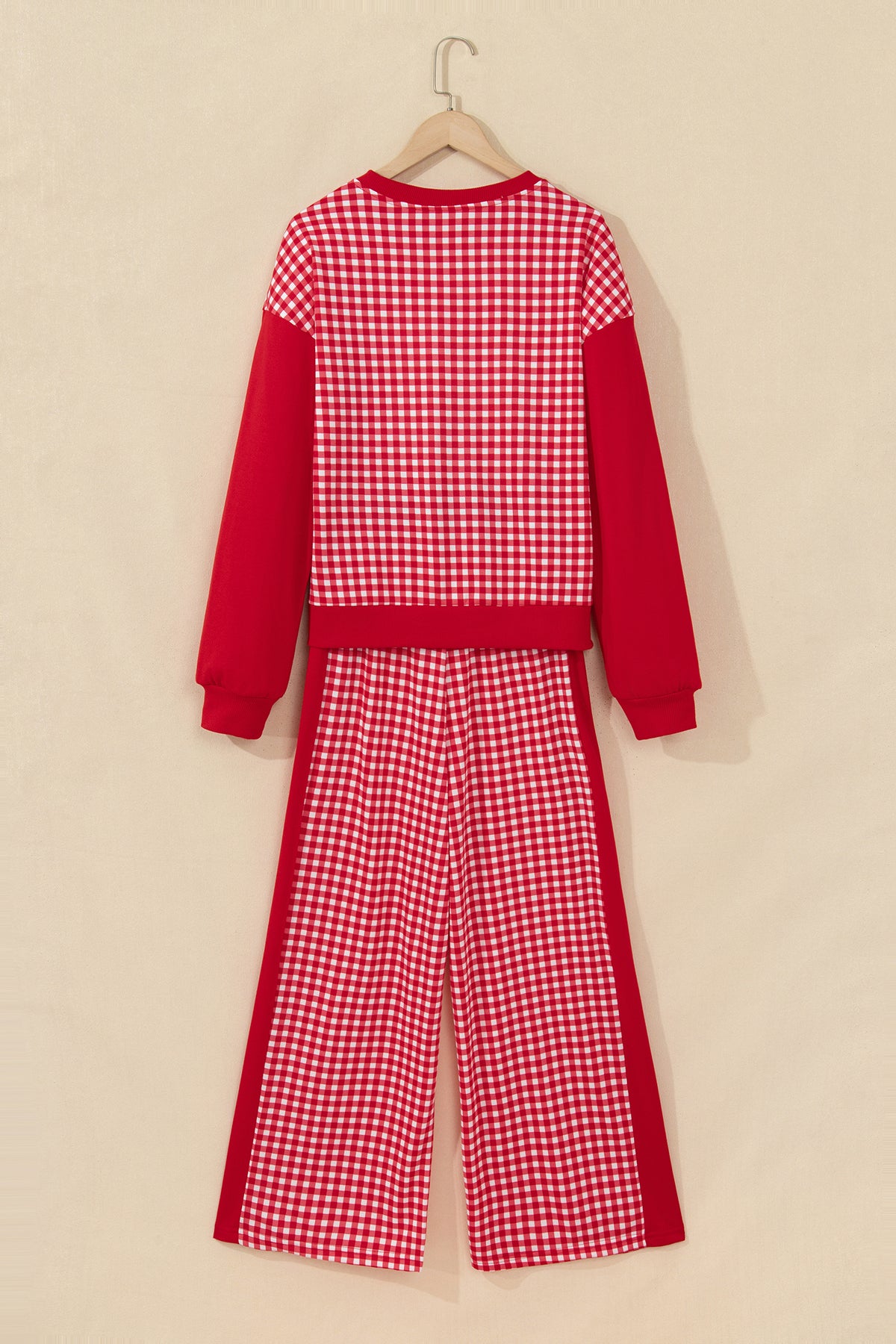 Red Color Block Plaid Patchwork Long Sleeve Pullover Wide Leg Pant Set