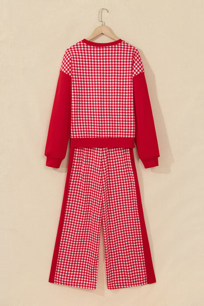 Red Color Block Plaid Patchwork Long Sleeve Pullover Wide Leg Pant Set