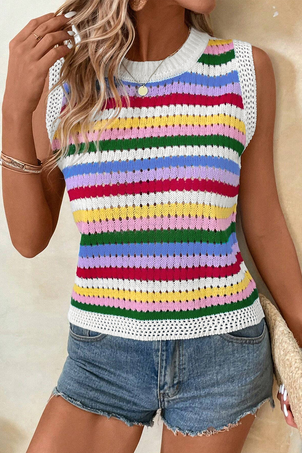 Gilet pull slim en maille rayée multicolore à œillets