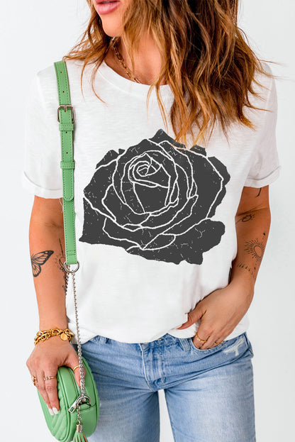 T-shirt col rond blanc à imprimé grandes roses