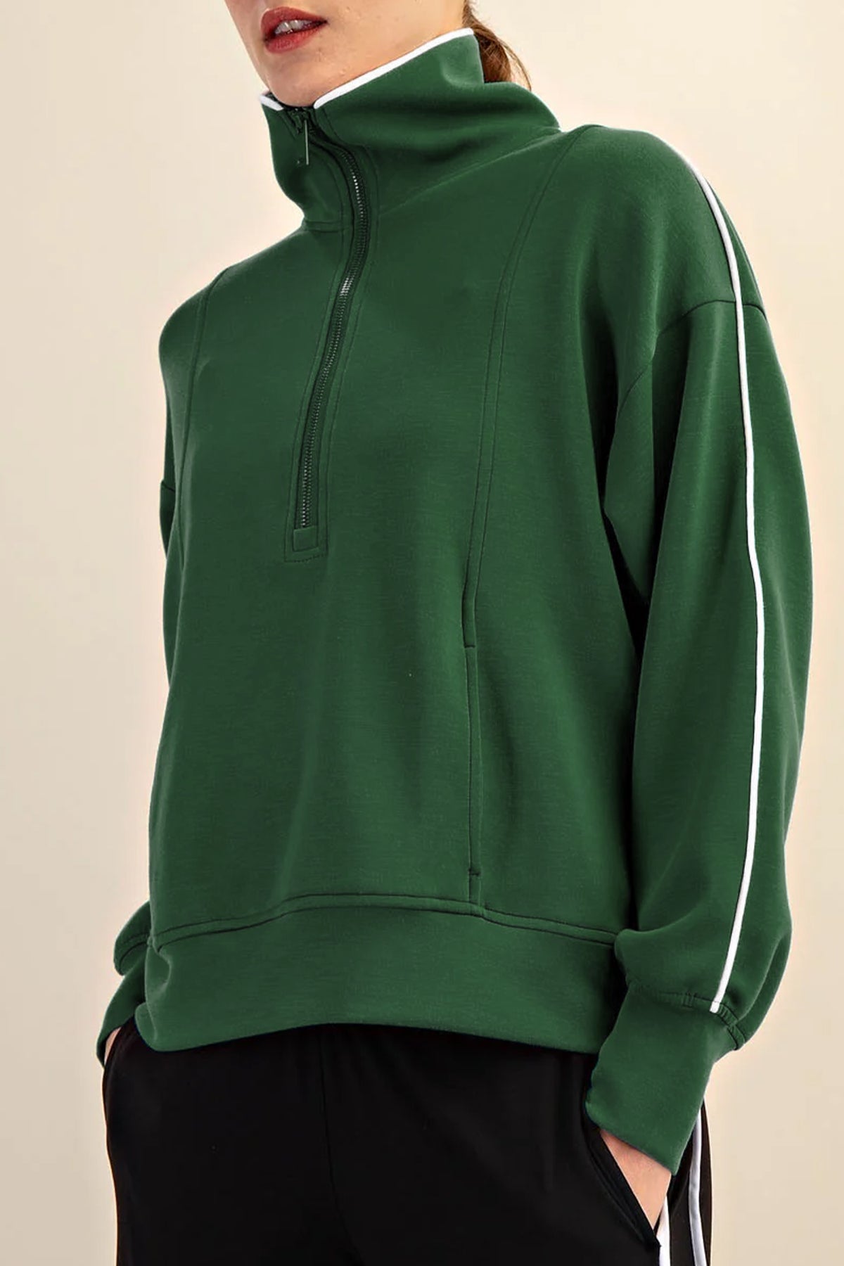 Sea Green High Neck Zip-Up Loose Fit Long Sleeve Sweatshirt