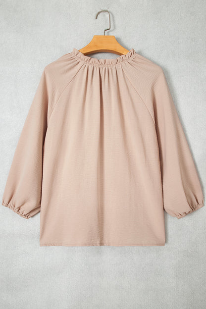Parchment V Neck Gathered Cuff Three Quarter Sleeve Blouse