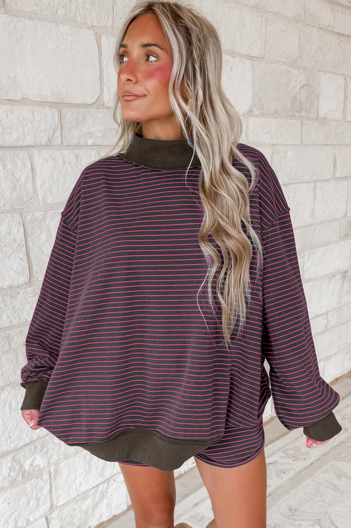 Brown Ribbed Patchwork Mock Neck Baggy Pullover Matching Shorts Set