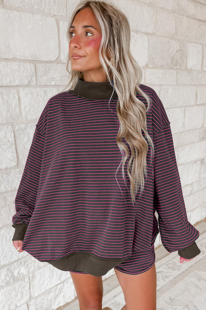 Brown Ribbed Patchwork Mock Neck Baggy Pullover Matching Shorts Set