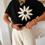 Black Contrast Crochet Floral Graphic Drop Shoulder Loose Tee