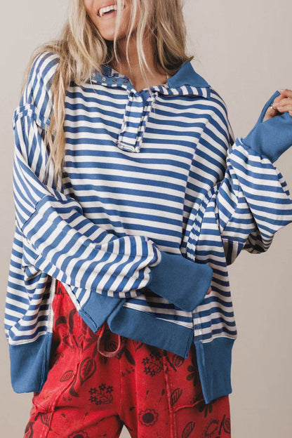 Blue Stripe Color Block Trim Raw Seam Split Hem Loose Pullover Sweatshirt
