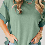 Smoke Green Half Sleeve Raw Seam High Low Side Split Top