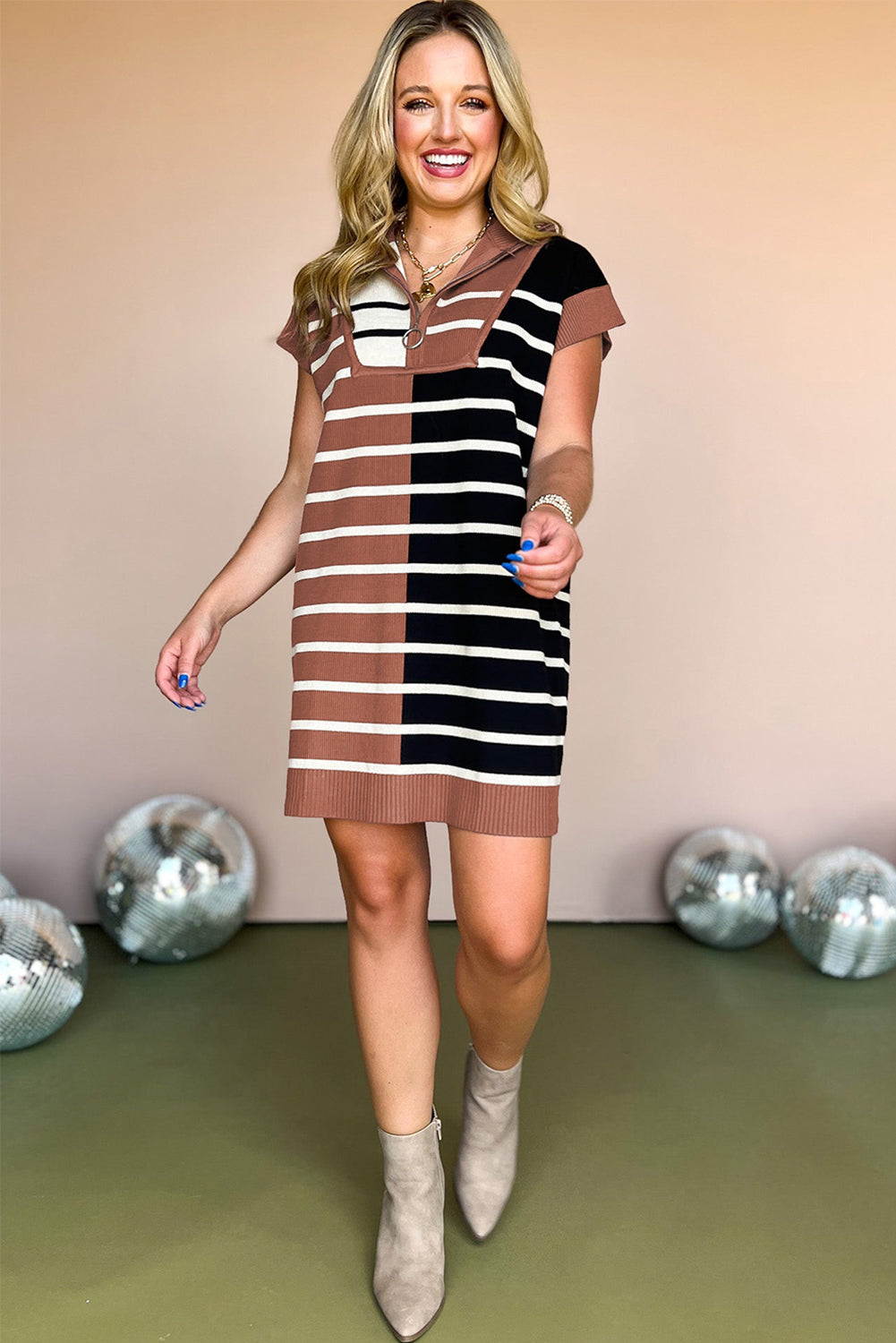 Stripe Color Block Quarter Zip Collar Short Sleeve Sweater Dress - Sunny Angela Black Stripe / XL Stripe Color Block Quarter Zip Collar Short Sleeve Sweater Dress - Sunny Angela Black Stripe / XL
