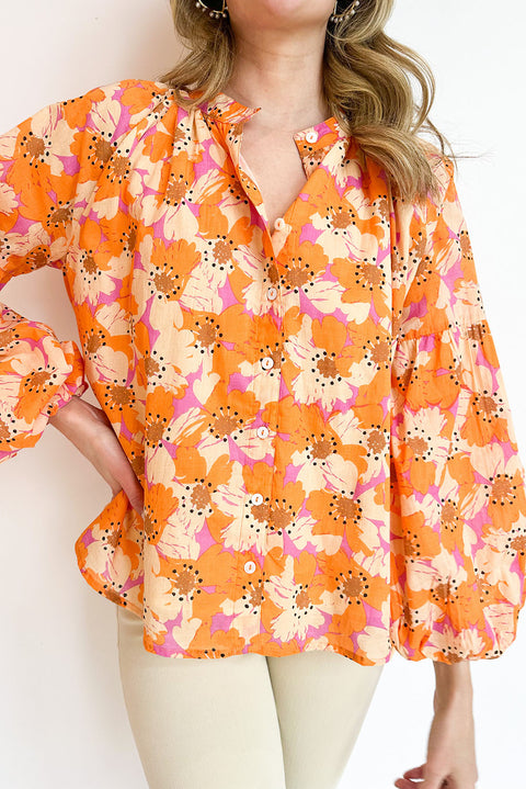 Orange Floral Print Loose Sleeve Shirt