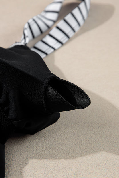 Ensemble tankini à rayures noires et cordon de serrage latéral