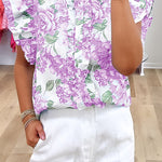 Purple Floral Print Ruffle Sleeve Frilly Button Up Shirt