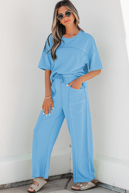 Rose Red Drop Shoulder Boxy Tee and Barrel Pants Set