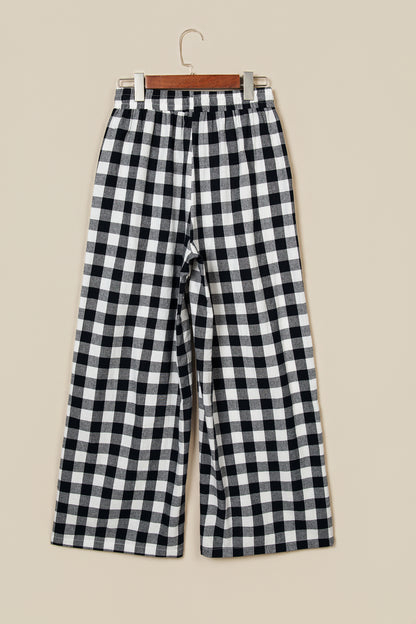 Blue Gingham Plaid Tie Elastic Waist Shift Pants