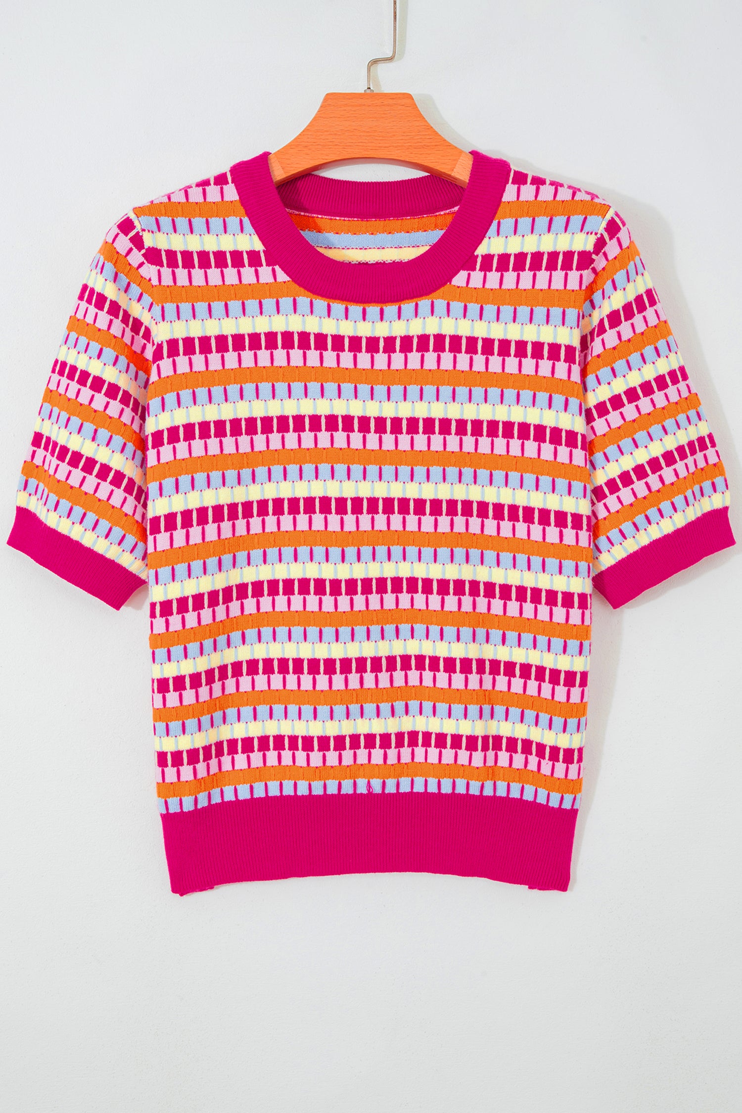 Rose Red Abstract Striped Knit Short Sleeve Sweater