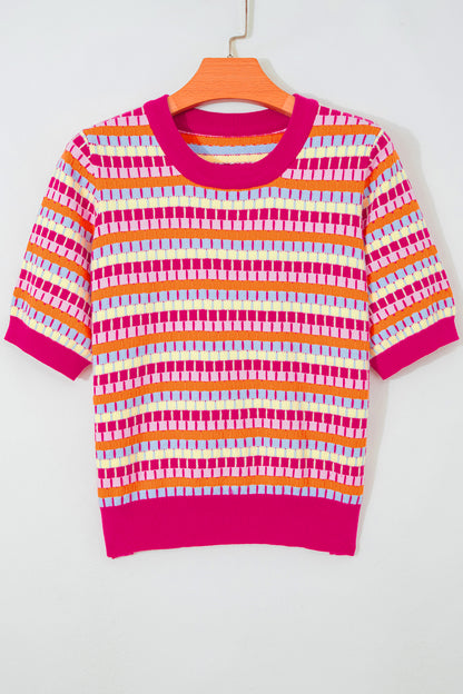 Rose Red Abstract Striped Knit Short Sleeve Sweater
