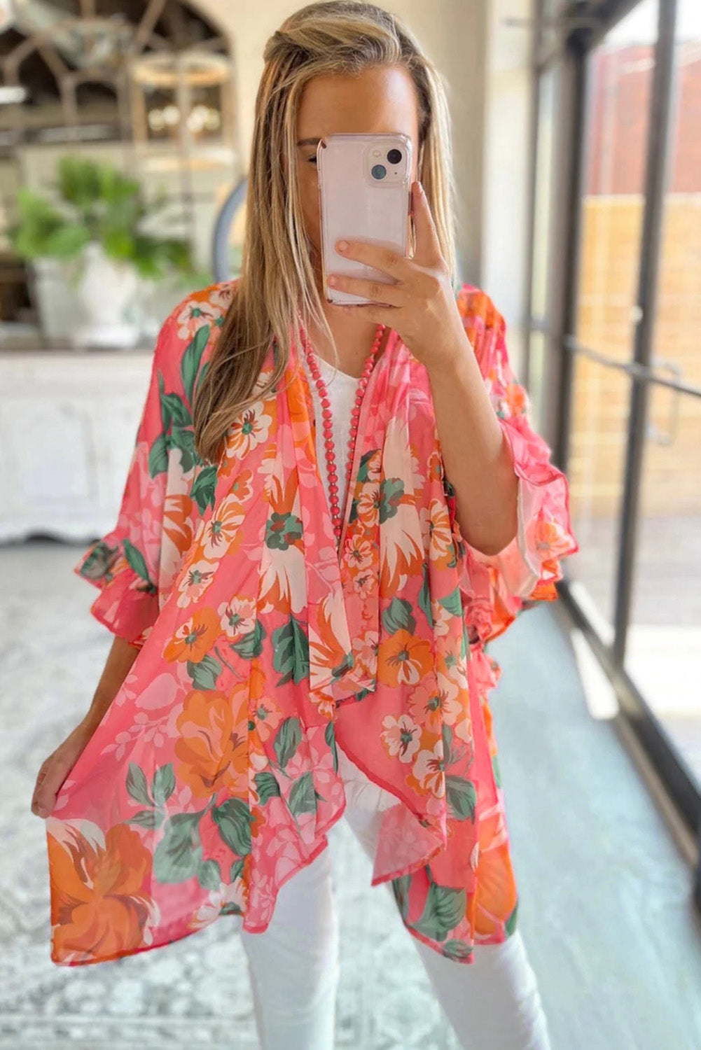 Kimono holgado con manga 3/4 y volantes con estampado floral 
