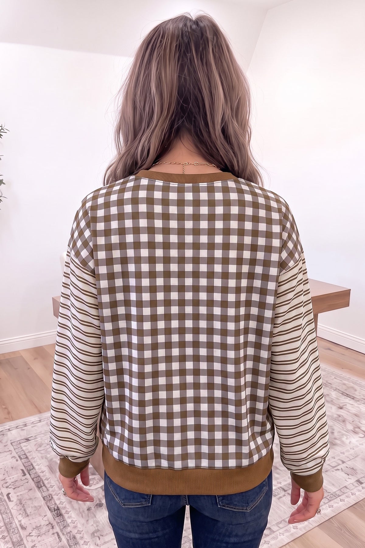 Brown Plaid Striped Patchwork Long Sleeve Casual Top