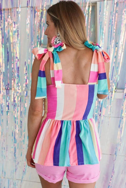 Robe longue à rayures multicolores et bretelles à nœud papillon