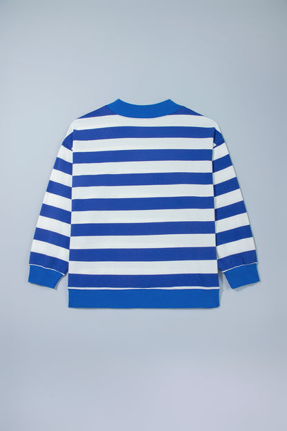 Blue Stripe Ribbed Trim Stand Neck Dropped Shoulder Plus Size Sweatshirt