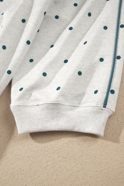 Gray Polka Dot Print Piping Trim 3/4 Sleeve Relaxed Top