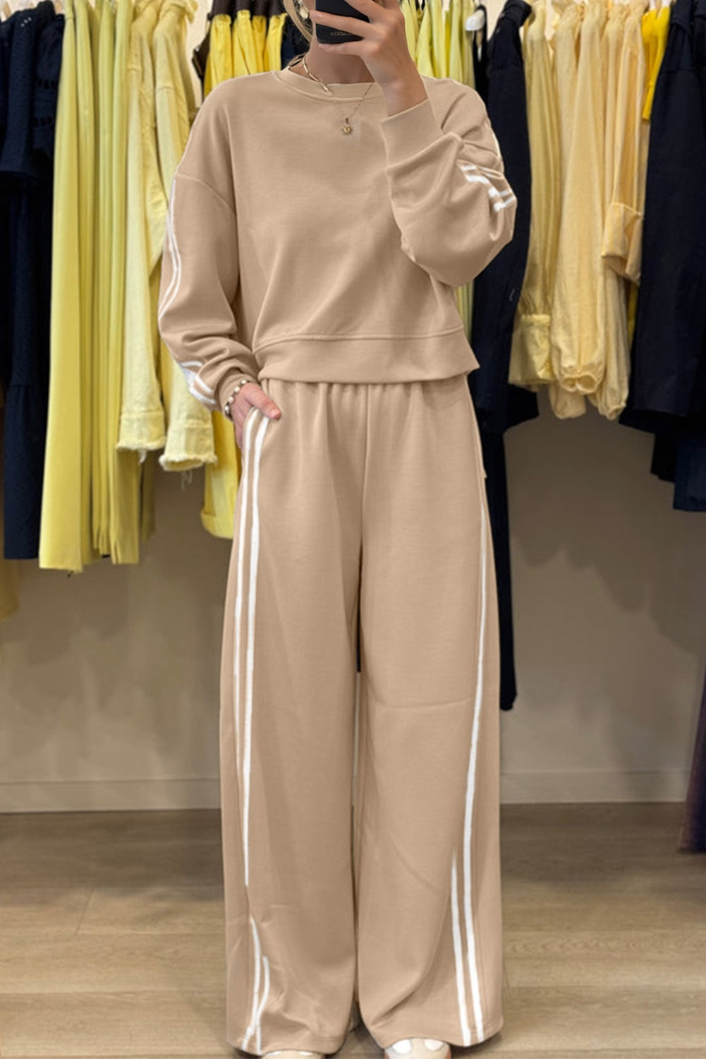 Oatmeal Varsity Striped Detail Crewneck Pullover Elastic Sweatpants 2pcs Outfit