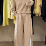 Oatmeal Varsity Striped Detail Crewneck Pullover Elastic Sweatpants 2pcs Outfit