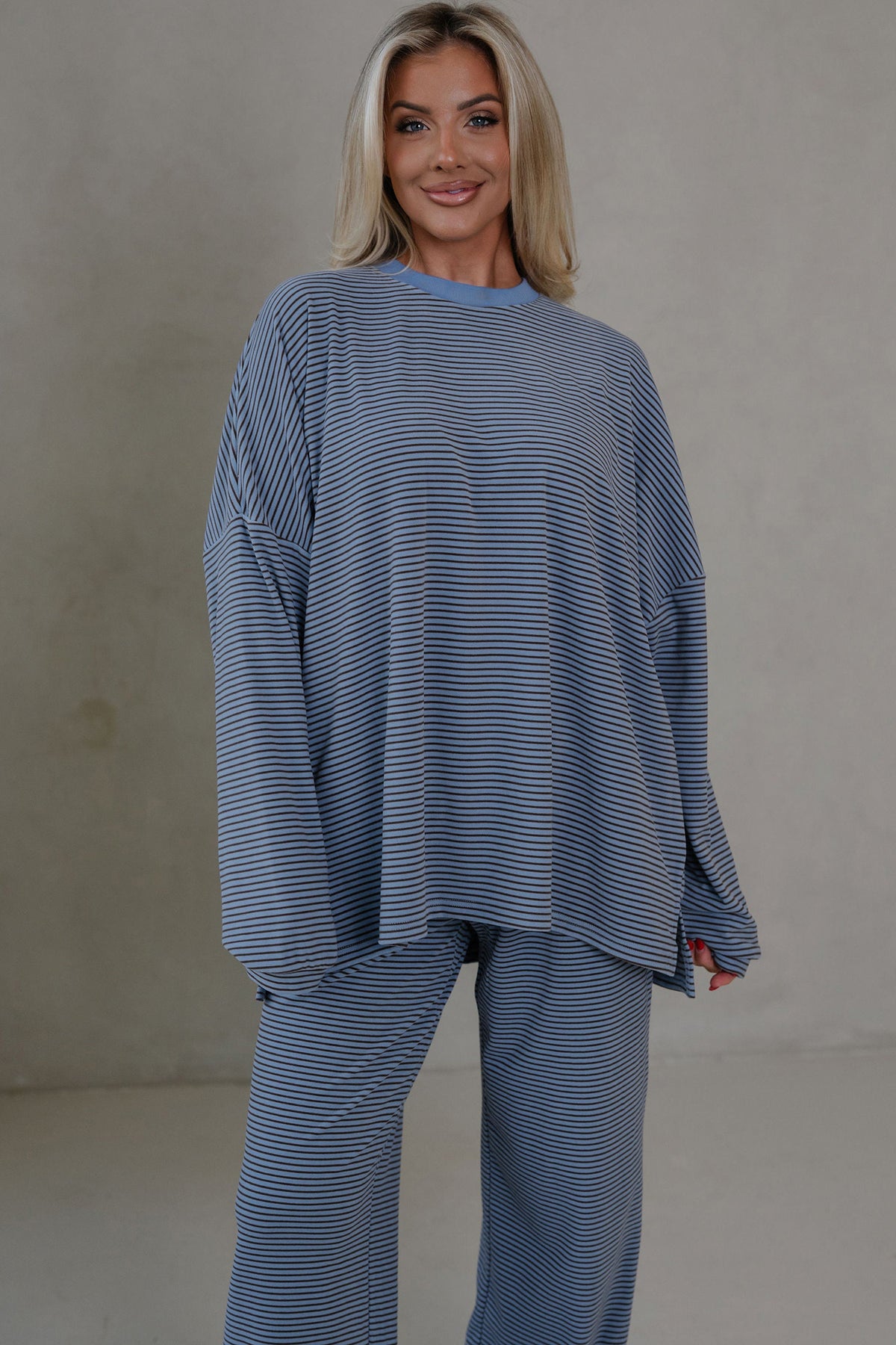 Blue Stripe Contrast Trim Round Neck Oversize Long Sleeve Top 2pcs Pant Set