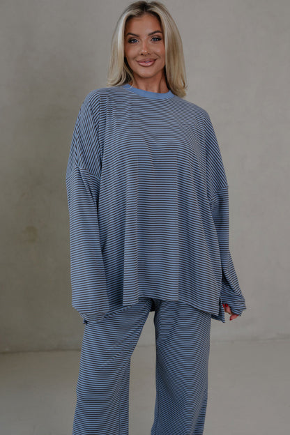 Blue Stripe Contrast Trim Round Neck Oversize Long Sleeve Top 2pcs Pant Set
