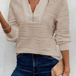 Parchment Solid Color Textured Zip V Neck Pullover Sweatshirt