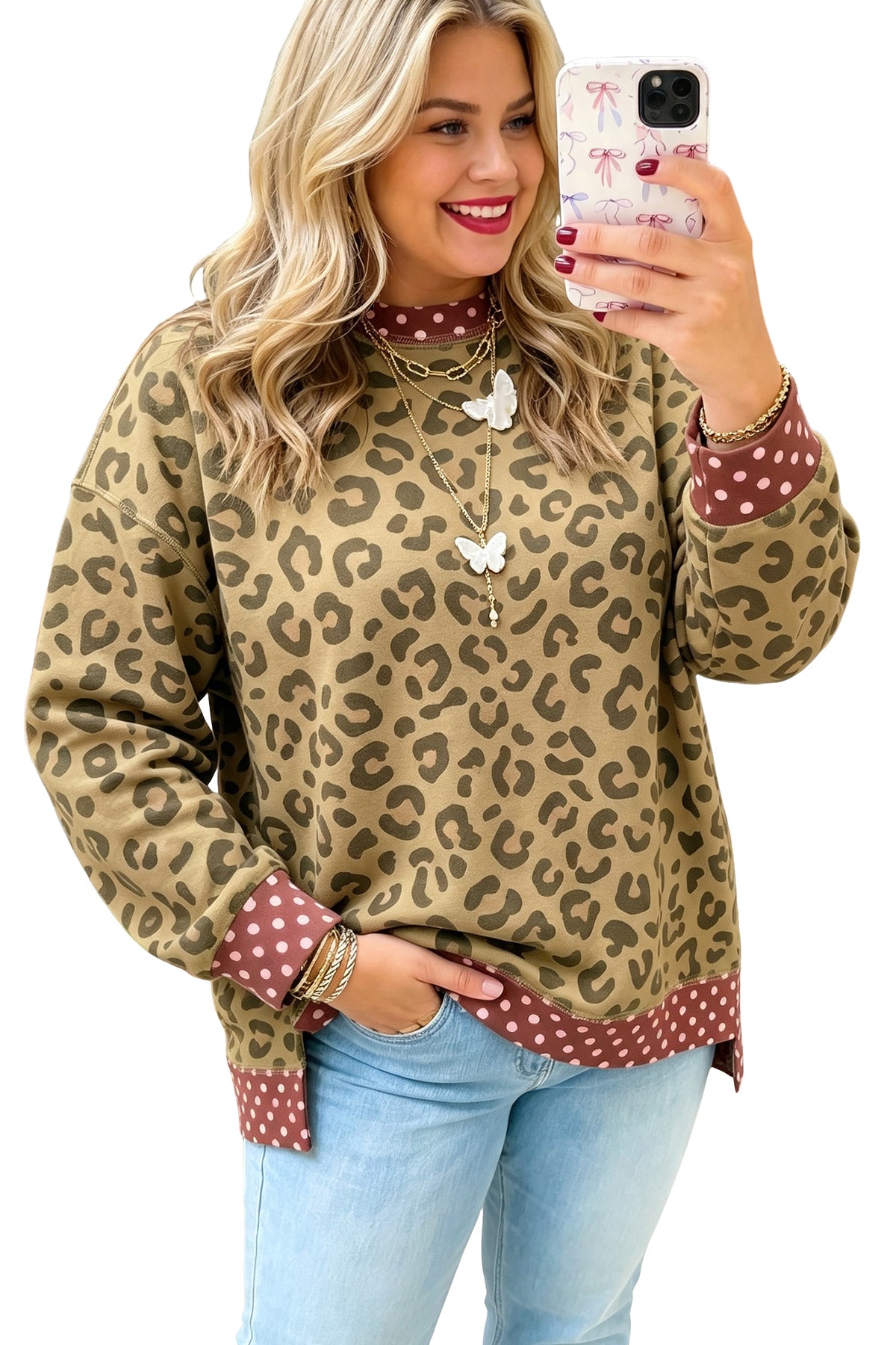 Brown Plus Size Leopard Print Contrast Polka Dot Trim Long Sleeve Top