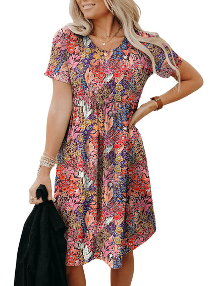 Chemisier à manches bouffantes et motifs floraux multicolores 