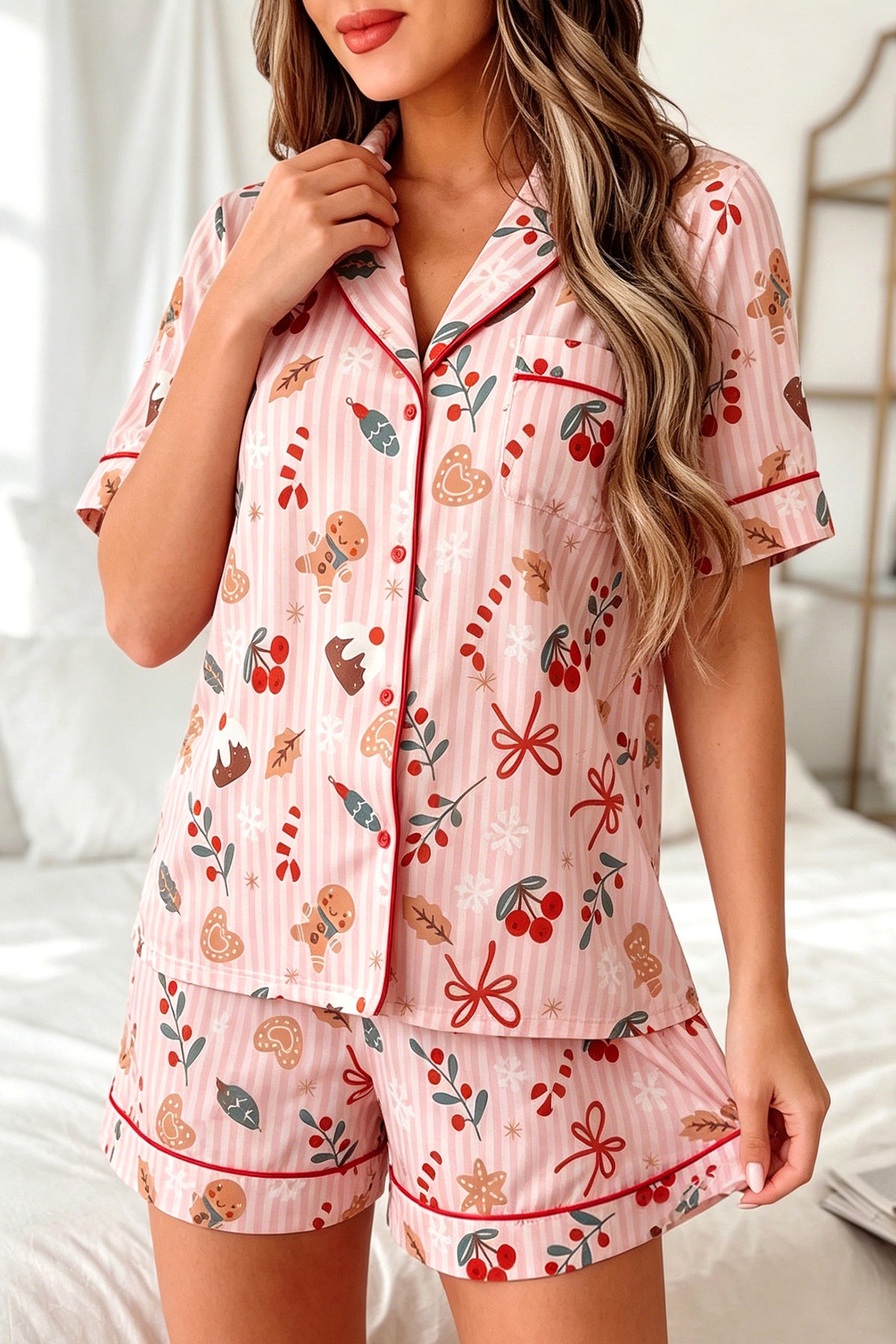 Pink Abstract Christmas Print Short Sleeve Two Piece Lounge Set