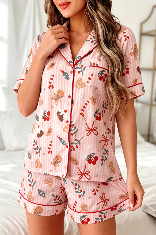 Pink Abstract Christmas Print Short Sleeve Two Piece Lounge Set