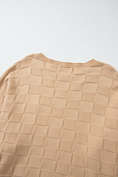 Pull en tricot texturé à carreaux uni beige clair grande taille