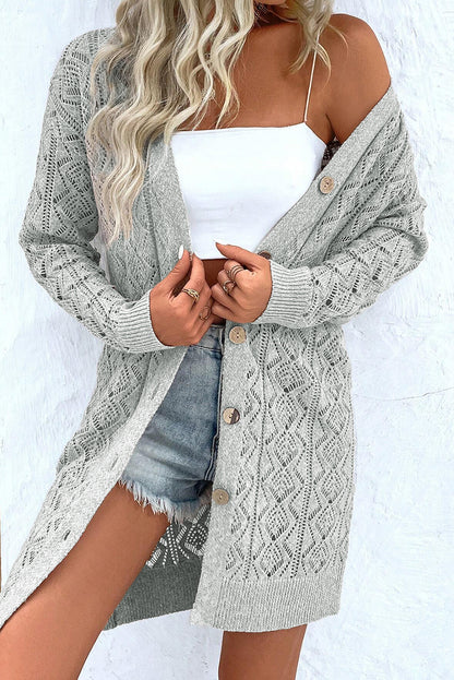 Cardigan long gris à boutons ajourés sur le devant