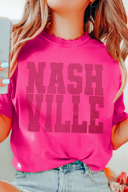 T-shirt ras du cou à strass NASHVILLE, motif graphique, rouge rose